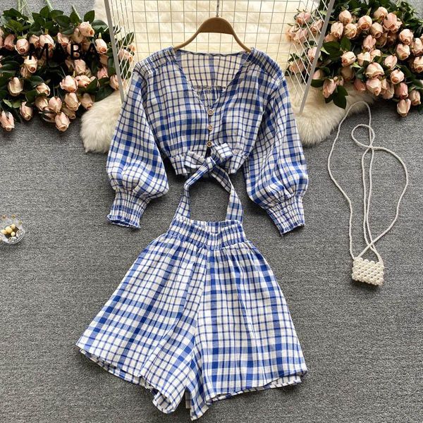 

women's tracksuits autumn holiday suit women short bow shirt + elastic waist shorts korean plaid 2-piece set 2021, Gray