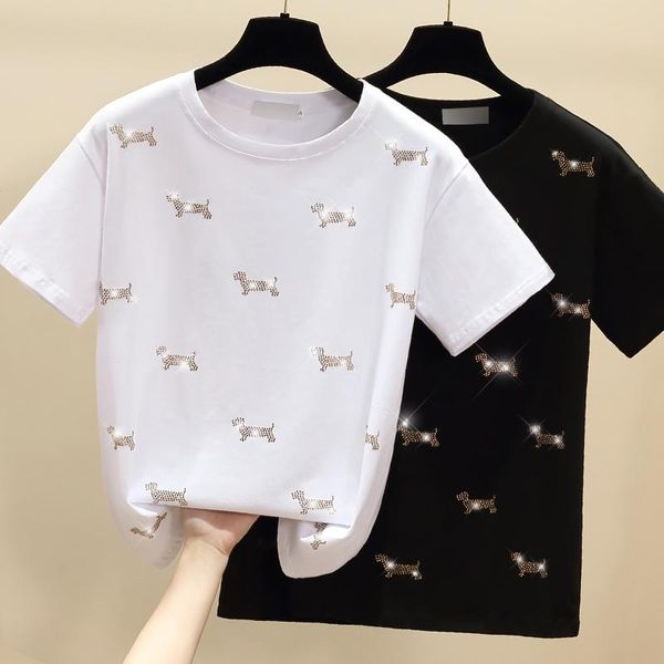 

fashion ins puppy rhinestone loose t-shirt women 2021 summer short sleeve o-neck white cotton tshirt plus size women's