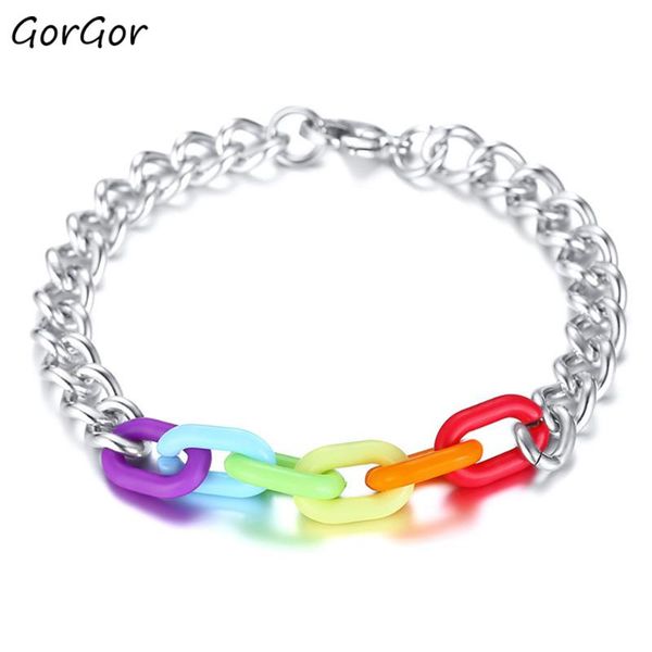 

gorgor 2021 trendy classic stainless steel acrylic rainbow long chain silver color bracelet for simple women jewelry gift pb-025, Black