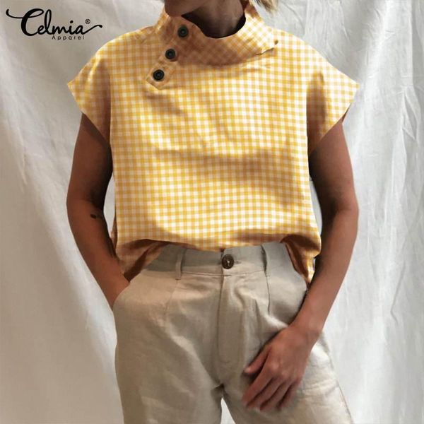 

women's blouses & shirts women and celmia summer turtleneck short sleeve buttons plaid blouse vinatge casual loose work blusas, White