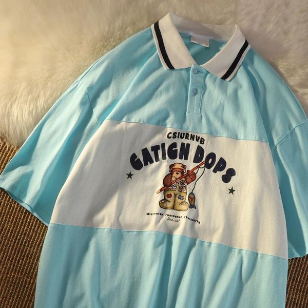 

women's t-shirt sky blue 3colors oversized collar t shirts for teens vintage cartoon korean fashion summer short sleeve casual, White