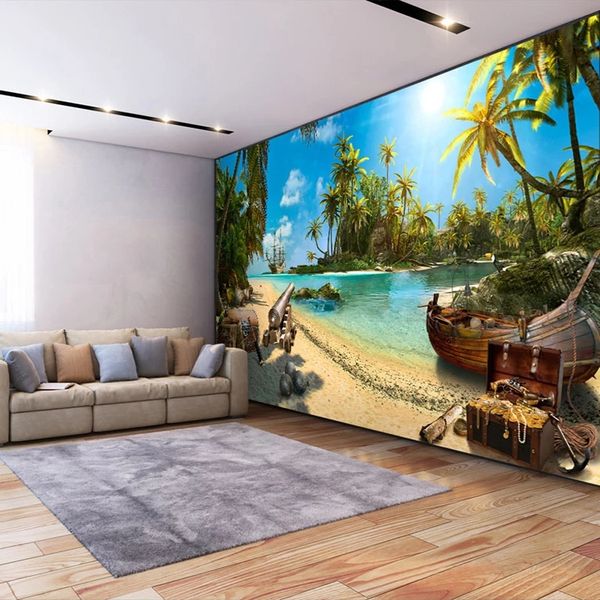 

custom 3d wall murals home decor sandy beach trees sea island landscape painting wallpapers bedroom