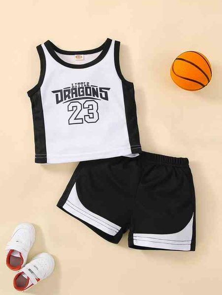

baby letter graphic two tone contrast binding tank & shorts she, White