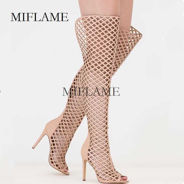 

sandals 2021 women fashion thigh high hollow out peep toe women's design back zipper stiletto sumps plus size, Black