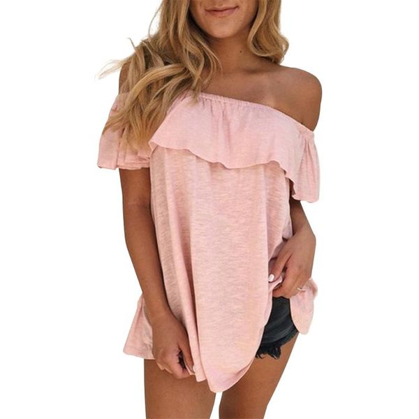 

women's t-shirt solid color slash neck women blouse and shirt summer ruffle off shoulder ladies short sleeved casual basic d30, White