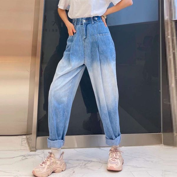 

heavy industry washed elastic double loose cowboy pants show thin high waist nine point radish female, Blue