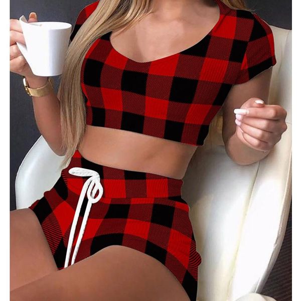 

women's tracksuits mandylandy women plaid printed pajamas sets short-sleeved shorts casual suit 2 piece outfits homewear short sleepwe, Gray