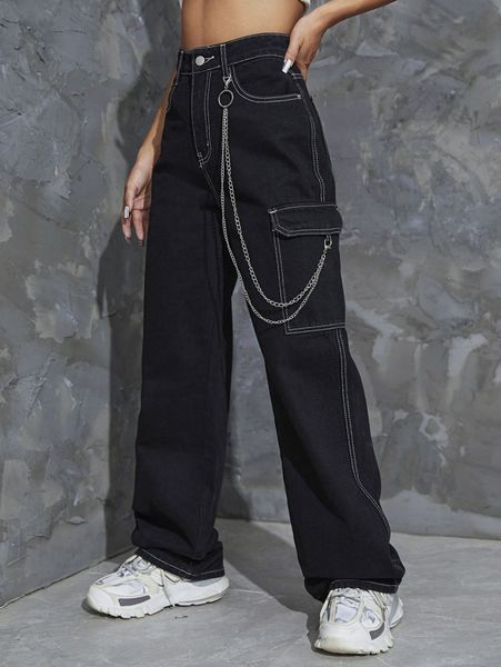 

flap pocket chain detail boyfriend jeans k4cz#, Blue