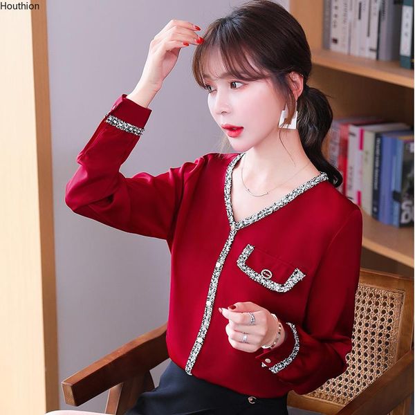 

women's blouses & shirts long-sleeved blouse summer plus size fashion satin drop v-neck shirt splicing casual houthion, White