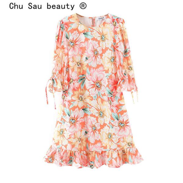

casual chic foral print summer long sleeve women midi dress holiday fashion o-neck ruffles ladies dresses vestido de mujer 210508, Black;gray