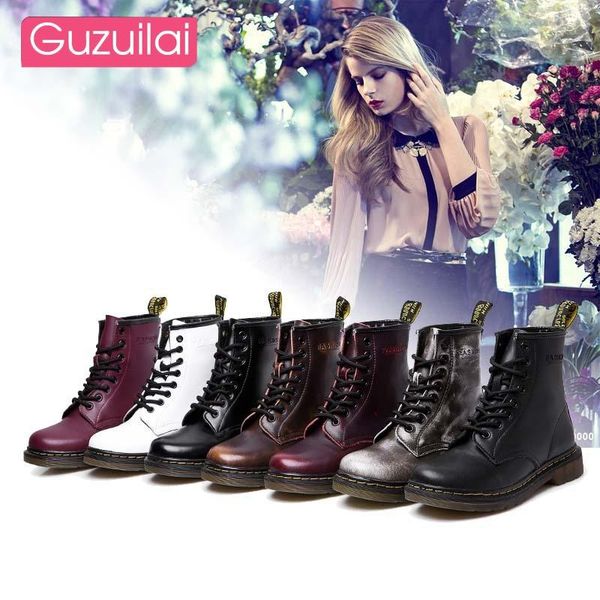 

boots guzuilai spring and autumn british leather women's shoes thick-soled mid-tube motorcycle, Black