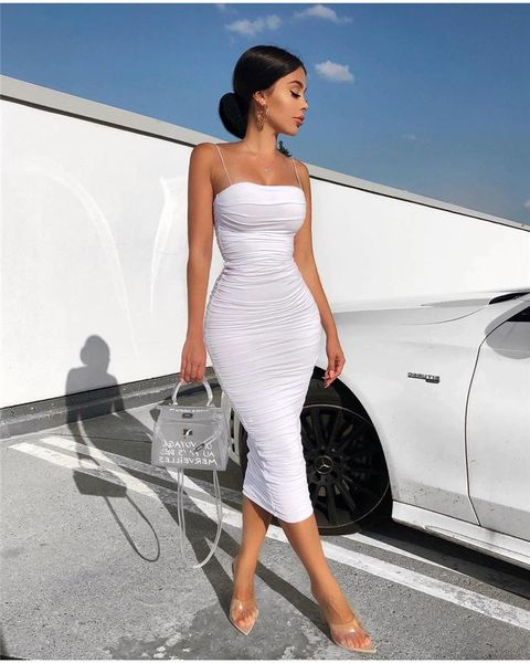 

casual dresses summer ruched cami bodycon dress women pleated brown strap backless ladies party evening white black pink, Black;gray