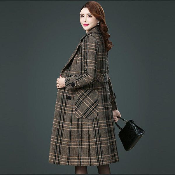 

women's wool & blends plaid woolen coat female autumn winter double-breasted long caots jackets women plus size outwear, Black