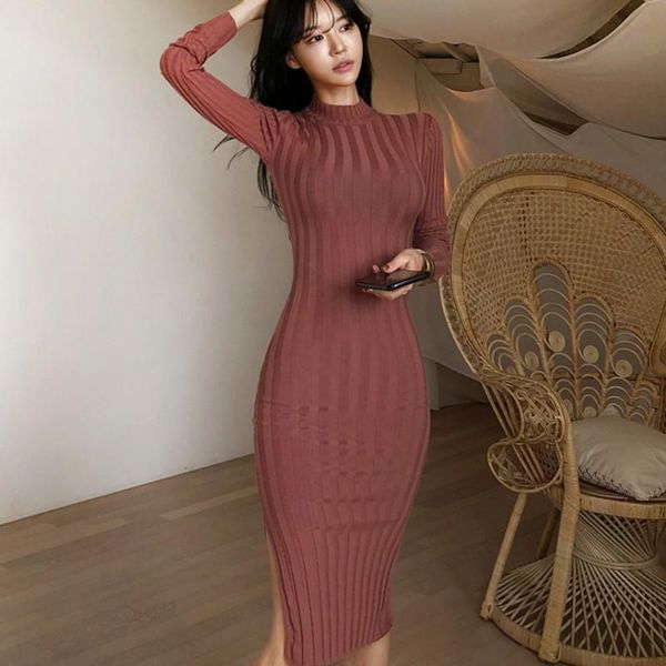 

casual dresses 2021 autumn winter fashion temperament women o neck long-sleeved slim knit bottoming slit bag hip dress, Black;gray