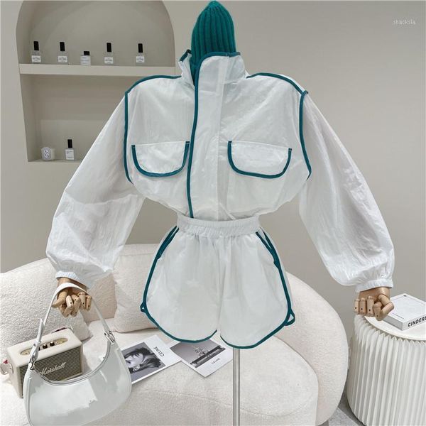 

women's spring summer 2021 niche design fashion long sleeve thin sunscreen jacket + high waist wide leg shorts tracksuits, Gray