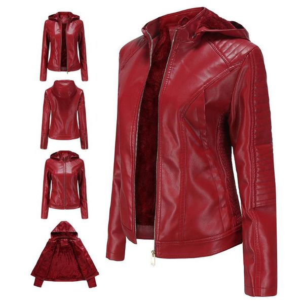 

women's leather & faux winter plus size clothing for women fleece coat fashionable warm hooded short oversized black red jacket