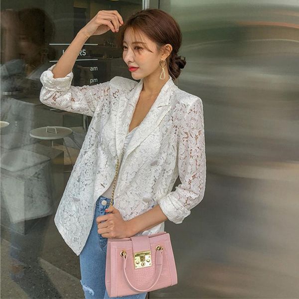 

women's suits & blazers spring autumn women high street lace hollow out double breasted female elegant long sleeve notched casual coat, White;black