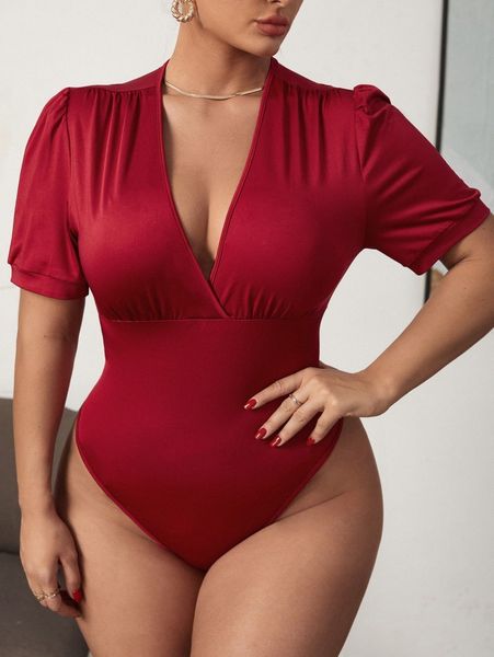 

plus plunging neck puff sleeve bodysuit q3yv#, Black