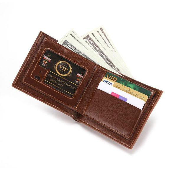 

brown short id card bag pu leather men's wallet 2 fold multi function zipper coin change bank cover money purse many slot, Red;black