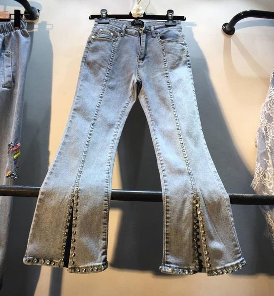 

women's jeans denim pants women spring autumn fashion slim stretch split bead diamonds high waist fit wide leg flared trousers, Blue