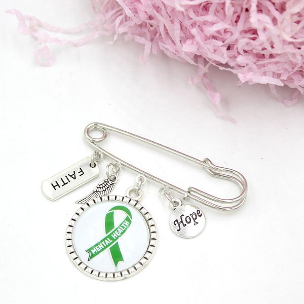 

wholesale green ribbon brooches faith hope mental health cancer awareness pin brooch safety pins for women men jewelry cloth acceories, Gray