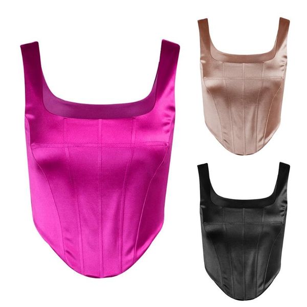 

belts square collar satin backless bustier corset crop women sleeveless summer cropped club fashion outfit, Black;brown