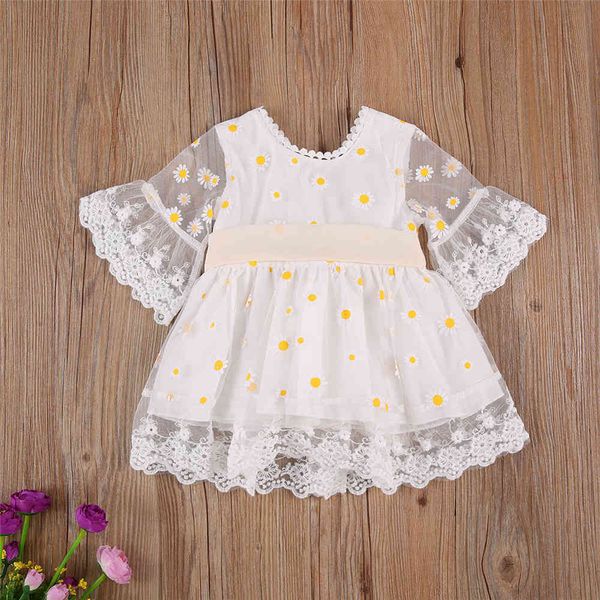 

girl's wenazao infant toddler baby girls daisy print dresses with waist band flare sleeve o neck lace kids casual outfits for summer 10, Red;yellow