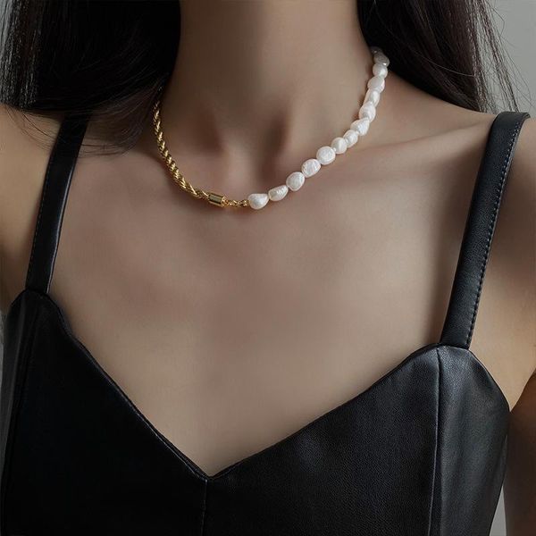 

pendant necklaces minar personality asymmetric gold twist rope chains for women baroque irregular pearl chokers necklace wedding jewelry, Silver
