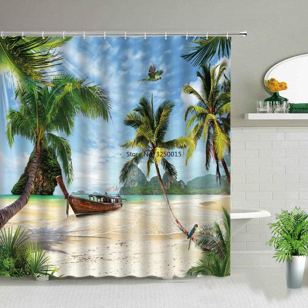 Tende da doccia Sea Palm Tree Landscape Beach Boat Ocean Scenery Stampa Tessuto impermeabile Decorazioni per il bagno Set di tende da bagno