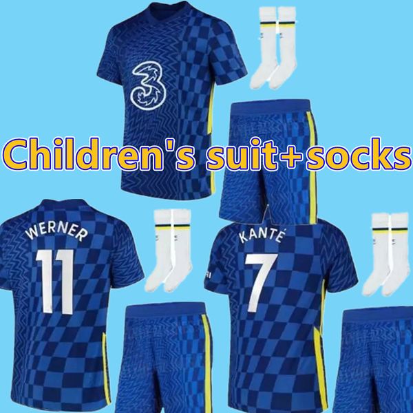 

kids 21 22 werner pulisic kante men soccer jerseys uniform mount chilwell ziyech 2021 2022 season home blue football kits shirts, Black