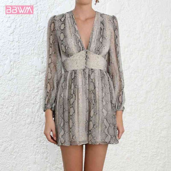 

long sleeve v-neck button decorative snakeskin print back zipper jumpsuit women's jumpsuit 210507, Black;white