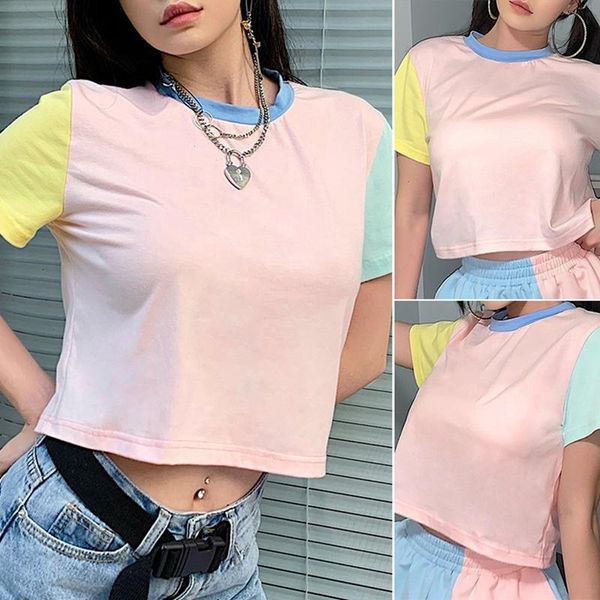 

women's t-shirt summer colorblock cute crop short sleeve women casual basic streetwear tees harajuku, White