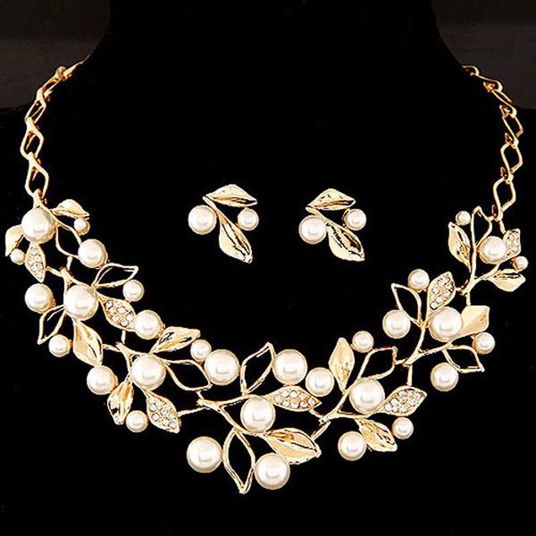 

earrings & necklace wedding simulated pearl jewerly set fashion gold silver statement necklaces and leaf jewelry party accessories