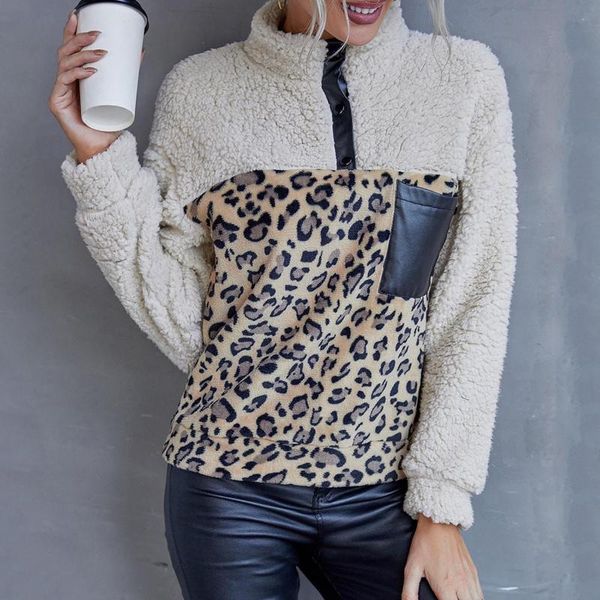 

women's fur & faux leopard patchwork print women fashion casual fleece sweatshirt fuzzy button pullover coat sweatshirts warm coats 4, Black