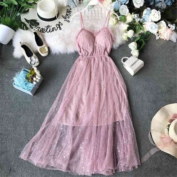 

sequined party dress stars v-neck sleeveless vestidos dresses summer mesh patchwork new long dresses 210329, Black;gray