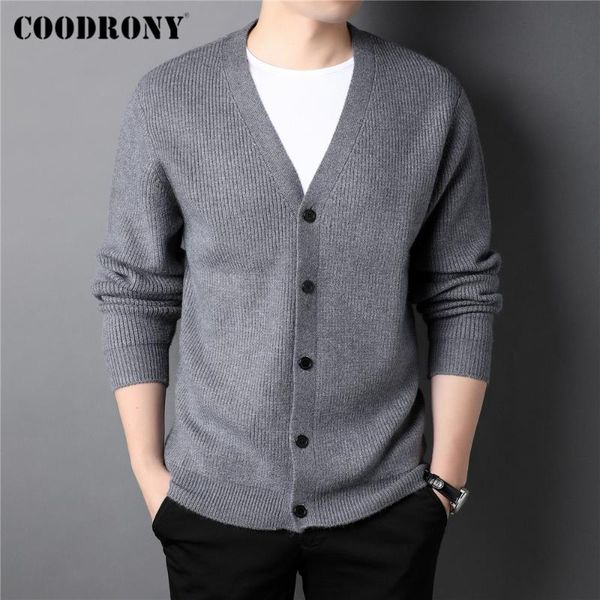 

men's sweaters coodrony brand autumn winter thick warm v-neck cardigan men clothing classic pure color knitwear sweater coat c2, White;black