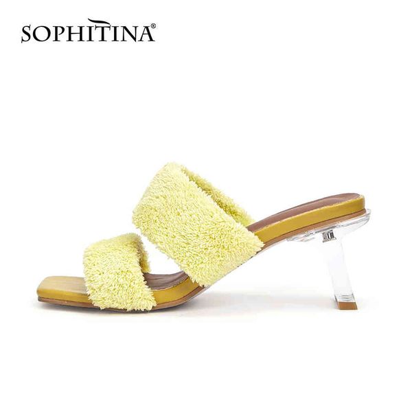 

sophitian sandals woman yellow plush slip on mules spring sweet style high crystal square heel lady shoes pb70 210513, Black