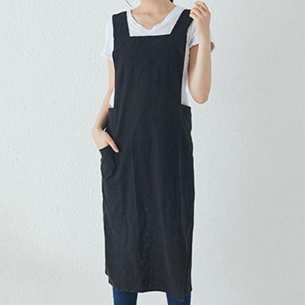 

aprons solid color flax greaseproof housework cooking pocket apron without waist ties