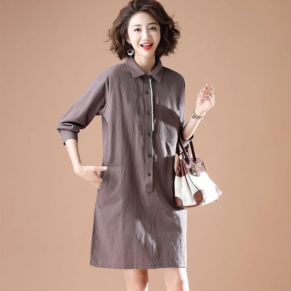 

casual dresses plus size women cotton linen dress 2021 spring simple style vintage loose female knee-length shirt s2826, Black;gray