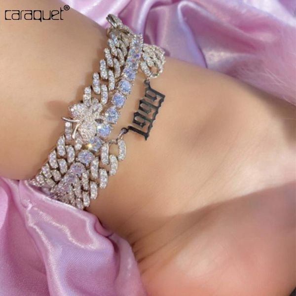 

anklets punk hip hop full crystal butterfly cuban link for women iced out rhinestone ankle chain bracelet foot jewelry, Red;blue