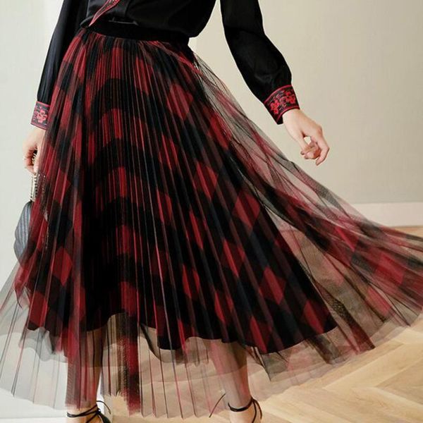 

skirts fashion women high waist lace long maxi ladies girl plaids elastic tutu pleated sundress, Black