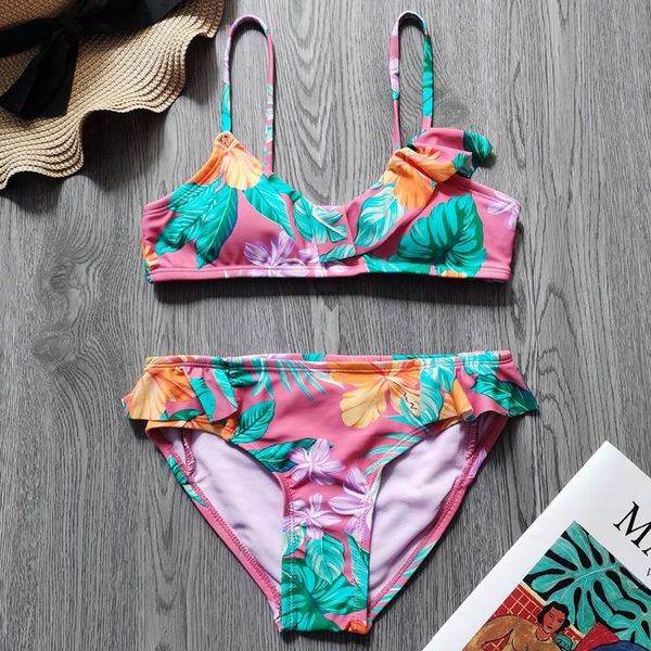 

tropical flower girl swimsuit kids ruffle two piece children's swimwear 7-14 years bikini set girls bathing suit beachwear two-piece su