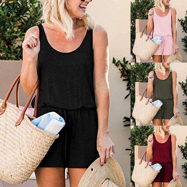 

women sleeveless loose round neck high waist drawstring short jumpsuit women's jumpsuits & rompers, Black;white