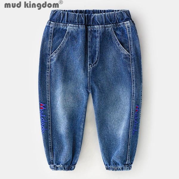 

jeans mudkingdom spring boys solid loose slant pocket elastic waist letter casual denim pants for kids fashion clothing, Blue