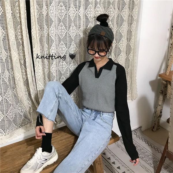 

women's t-shirt korean style knitted all-match loose trendy women patchwork turn-down collar t-shirts vintage long sleeve streetwear ou, White