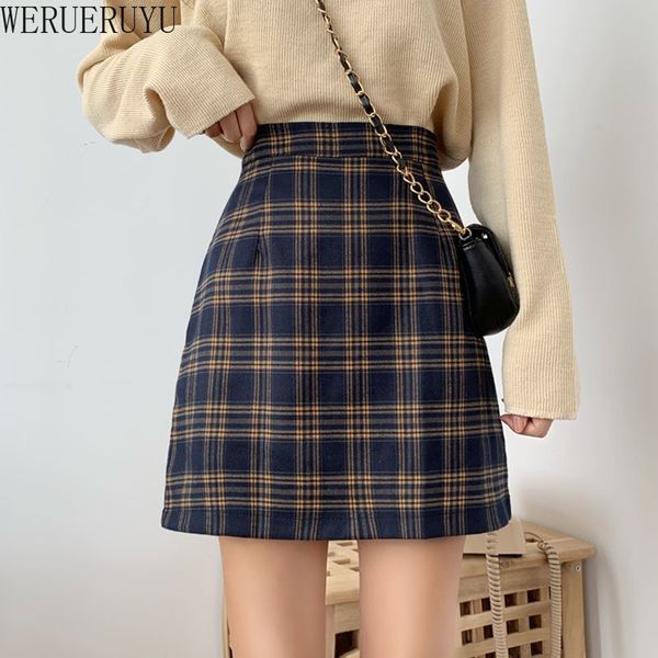 Werueruyu inverno xadrez de lã mini saia para as mulheres outono slim houndstooth cintura alta feminina feminina moda 210608