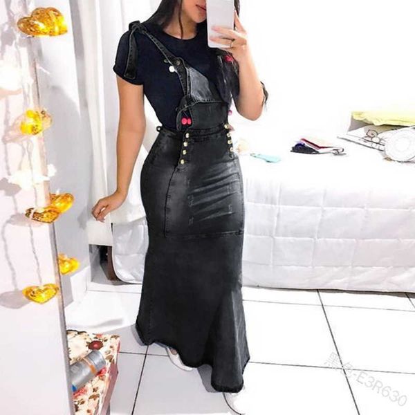 

new 2020 suspender skirt women overalls no stretchy maxi long skirt mermaid trumpet empire high waist jeans j9d793 y200704, Black