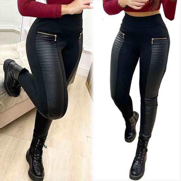 

contrast panel zipper detail faux leather pants women casual trousers comfortable sports pants pantalones de mujer, Black;white