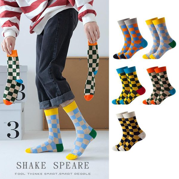 

men's socks 1 pair grid middle tube men crew cotton breathable with print harajuku male sock eu size 37-44, Black