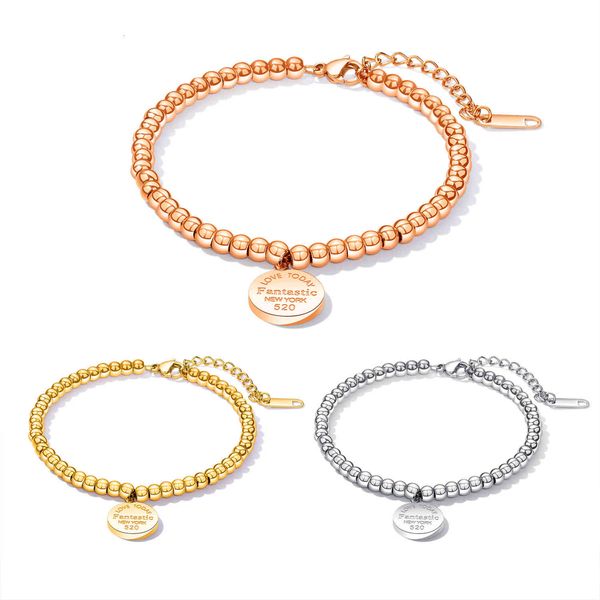 

link charm hand decoration temperament round brand titanium steel plated rose gold bead bracelet, Golden;silver